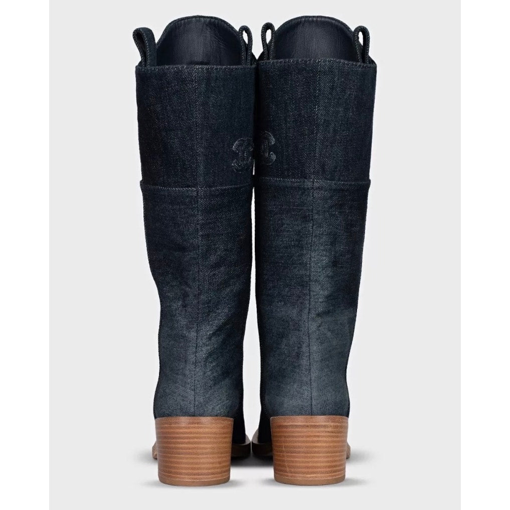 Chanel Denim Logo Boots - Chic Blue Ankle Booties Size 37.5 Pre-owned