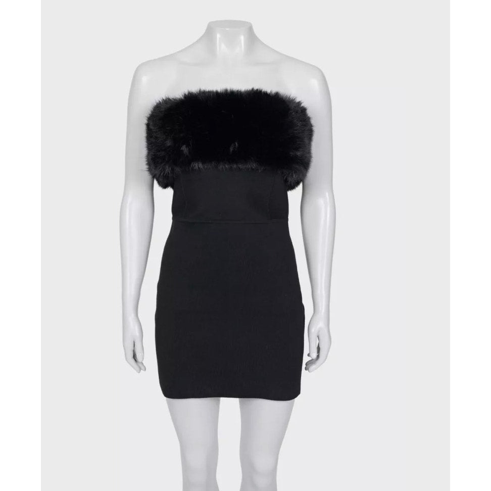 Saint Laurent Black Wool faux Fur-Trim Sleeveless Dress - Size M Pre-owned