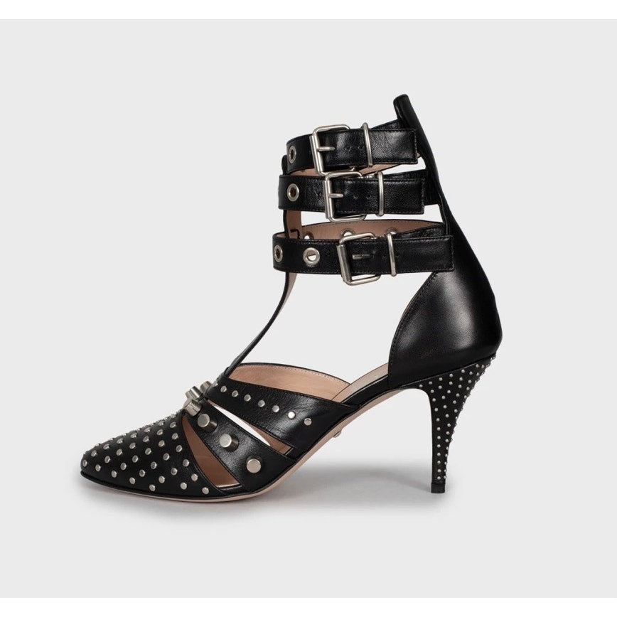 NWB Elegant Gucci Black Leather Studded Wedge Heels Sz. 39 Pre-owned