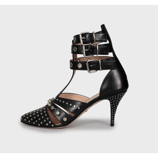 NWB Elegant Gucci Black Leather Studded Wedge Heels Sz. 39 Pre-owned