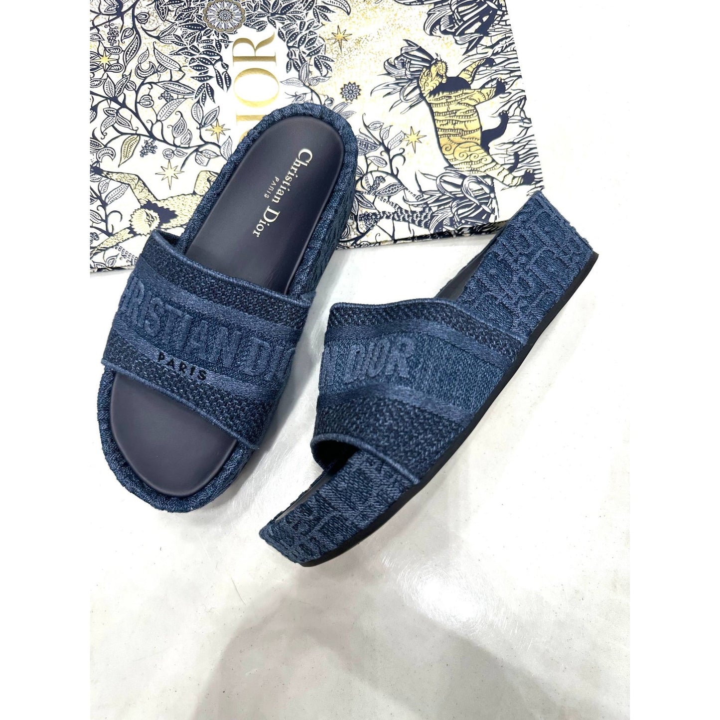 Christian Dior Dway Iconic Denim Logo Platform Slides Sz.38 Pre-owned