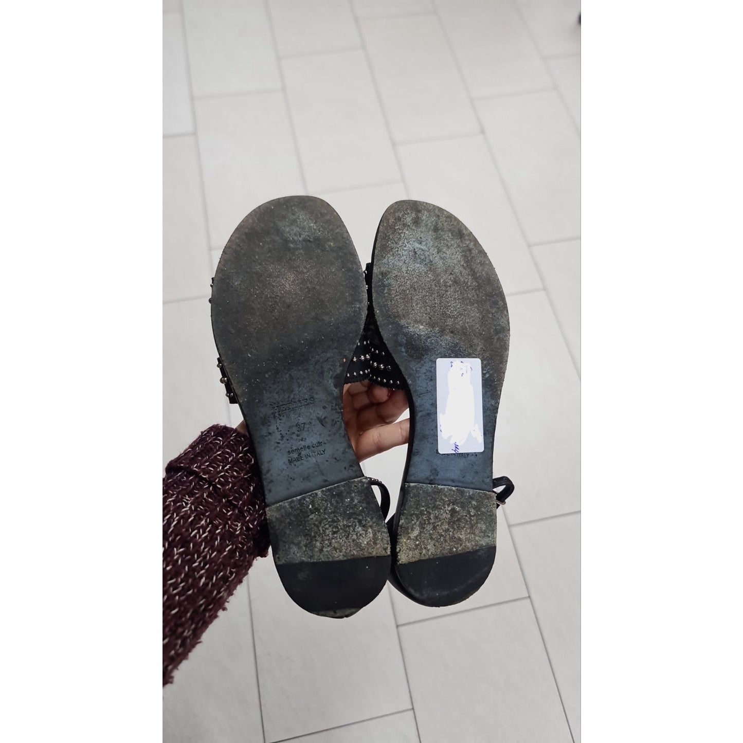 Hermes Black Leather Santorini Ankle Wrap Sandals Size 37 pre-owned