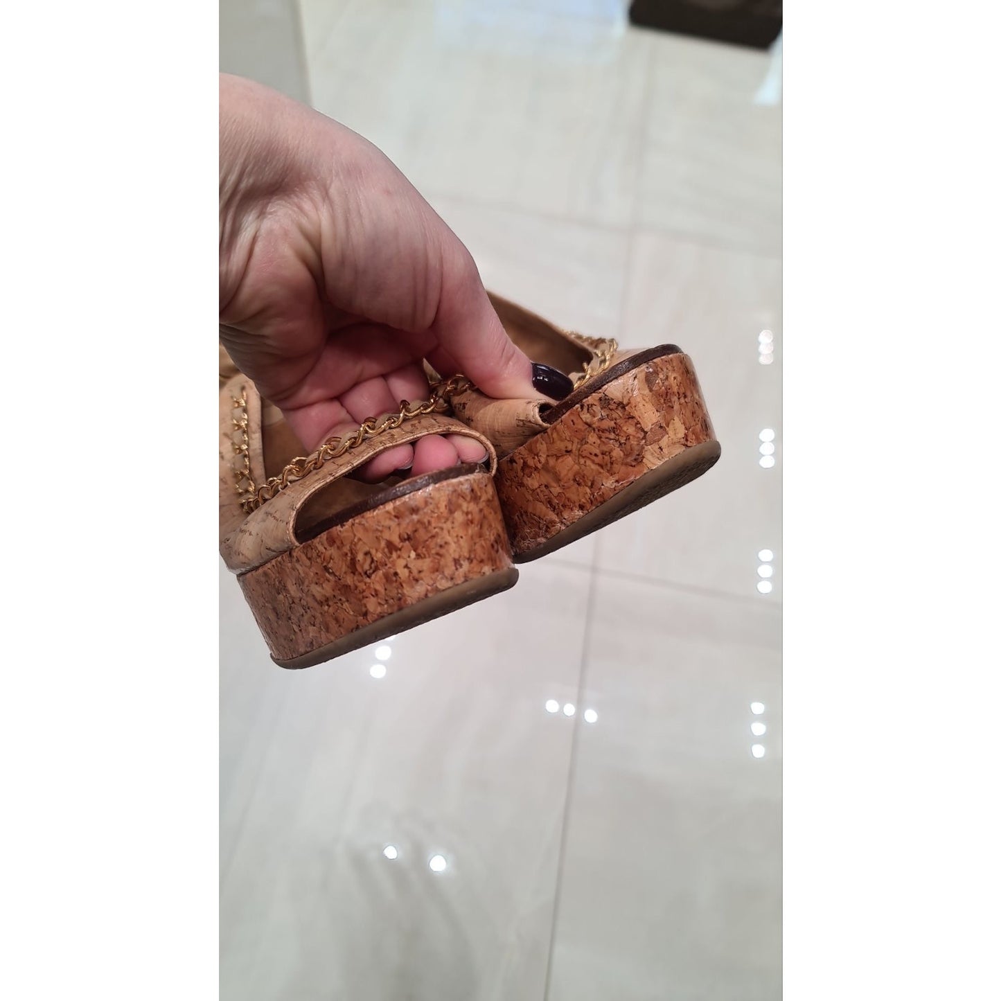 CHANEL COCO Mark Chain Black Leather Wedge Sandals 38.5 pre-owned