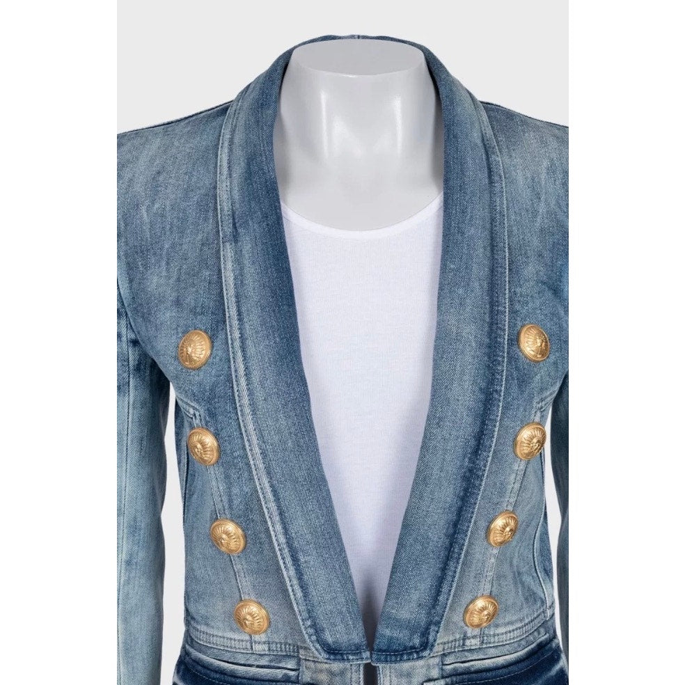 Balmain Double-Breasted Blue Denim Jacket - Size 38 pre-owned
