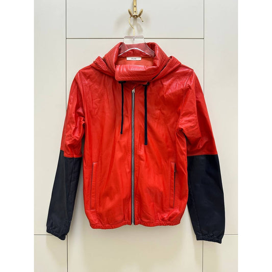 Celine Red & Navy Leather Color Block Hooded Jacket Sz.38 pre-owned