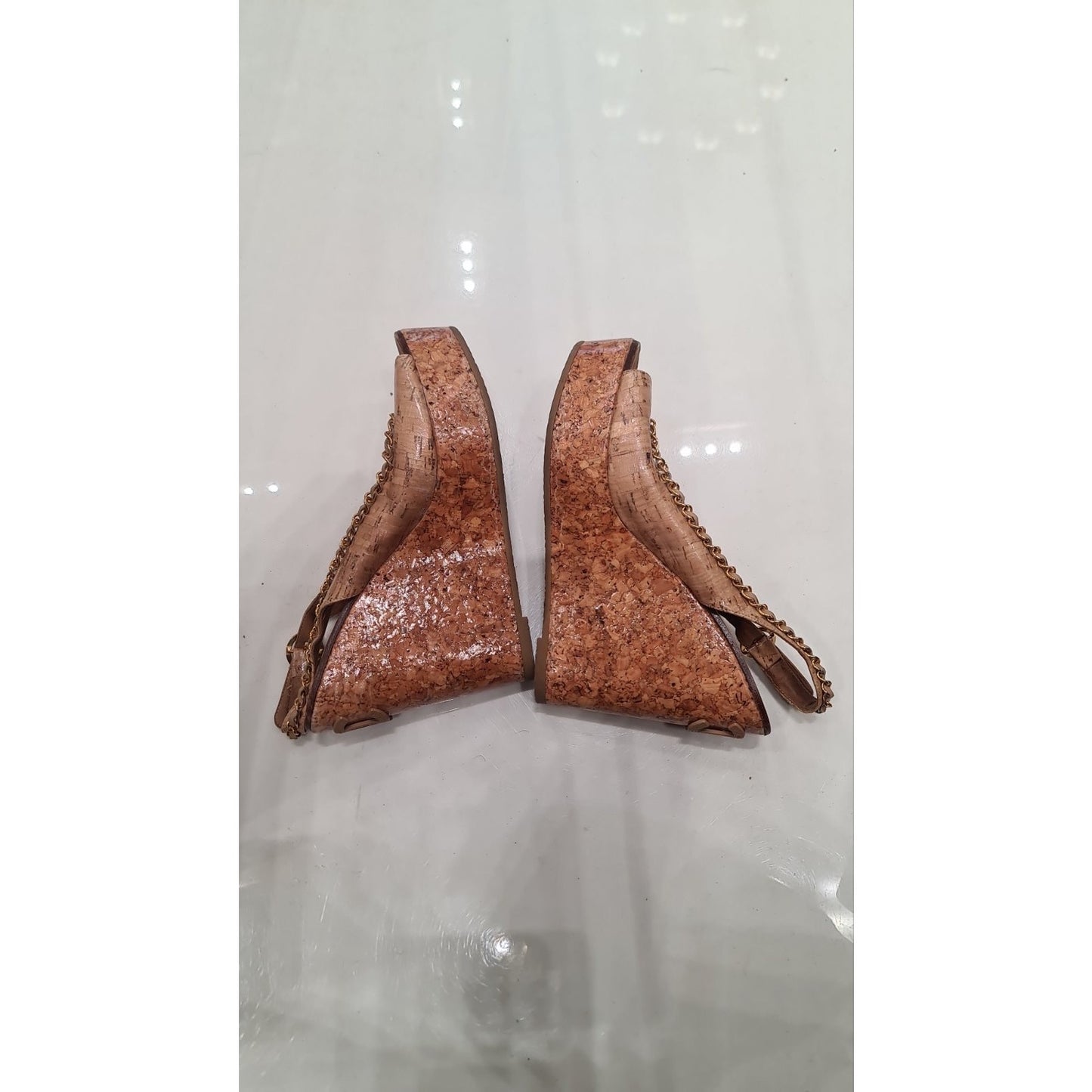 CHANEL COCO Mark Chain Black Leather Wedge Sandals 38.5 pre-owned