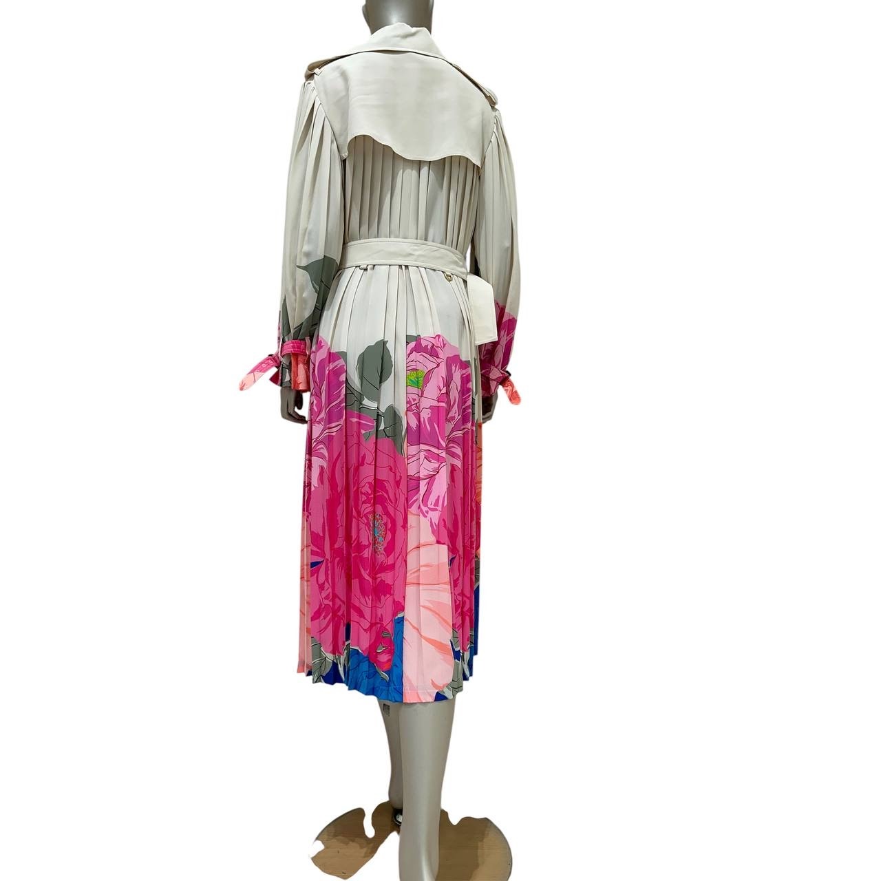 Valentino Camellia Silk Pleated Avorio & Fuchsia Trench Coat Sz.42 pre-owned