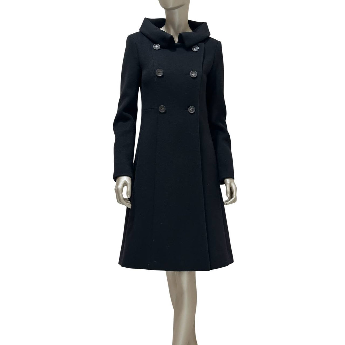 CHANEL Black Wool Coat A-Line Double-Breasted Sz. 38 Pre-owned