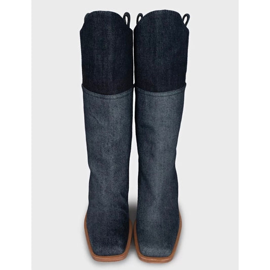 Chanel Denim Logo Boots - Chic Blue Ankle Booties Size 37.5 Pre-owned