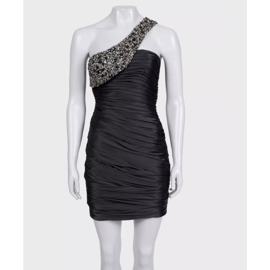 NWOT Mandalay Black Satin Asymmetrical Mini Dress Sz.4 Pre-owned