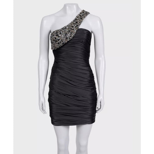 NWOT Mandalay Black Satin Asymmetrical Mini Dress Sz.4 Pre-owned