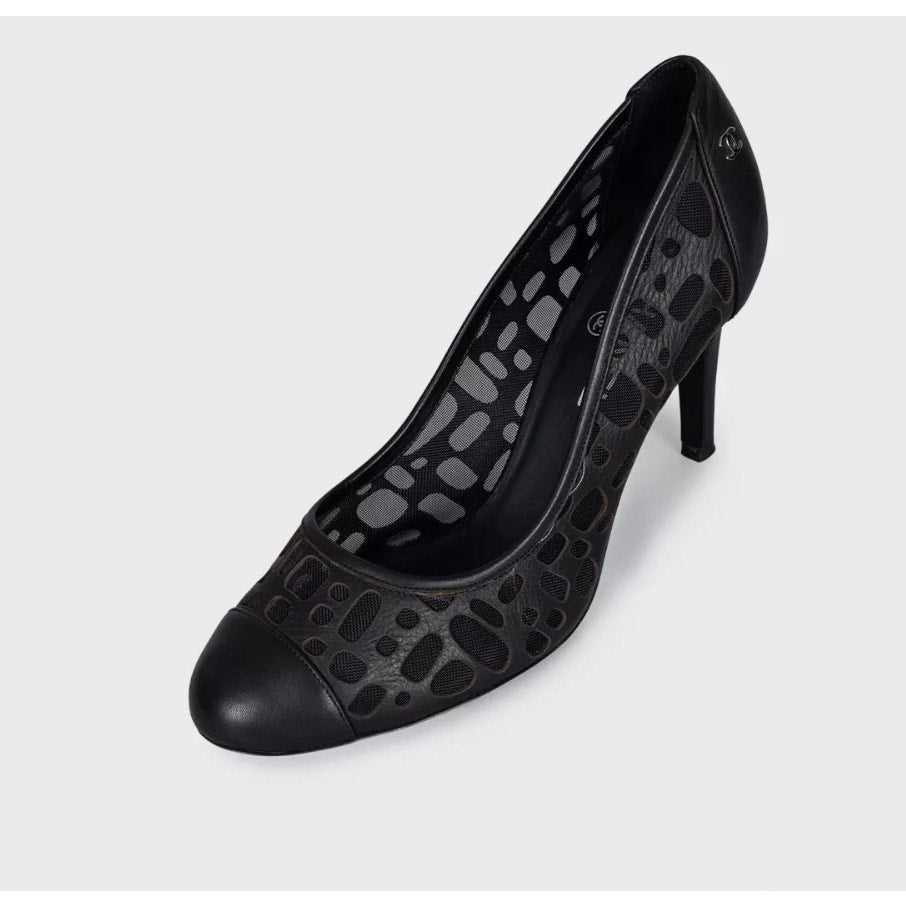 Chanel Black Leather Perforated Mesh Block Heel Pumps Sz.39.5 Pre-owned