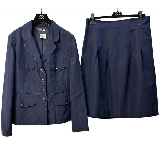 Chanel Vintage 2007 Blue Silk Logo Jacket Skirt Suit Set Sz.44 Pre-owned