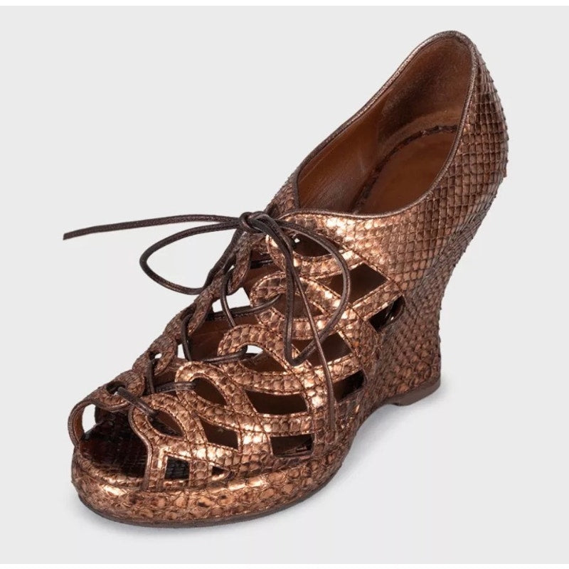 Bottega Veneta  Python Metallic Gold Wedge Sandals Sz 37.5 Pre-owned