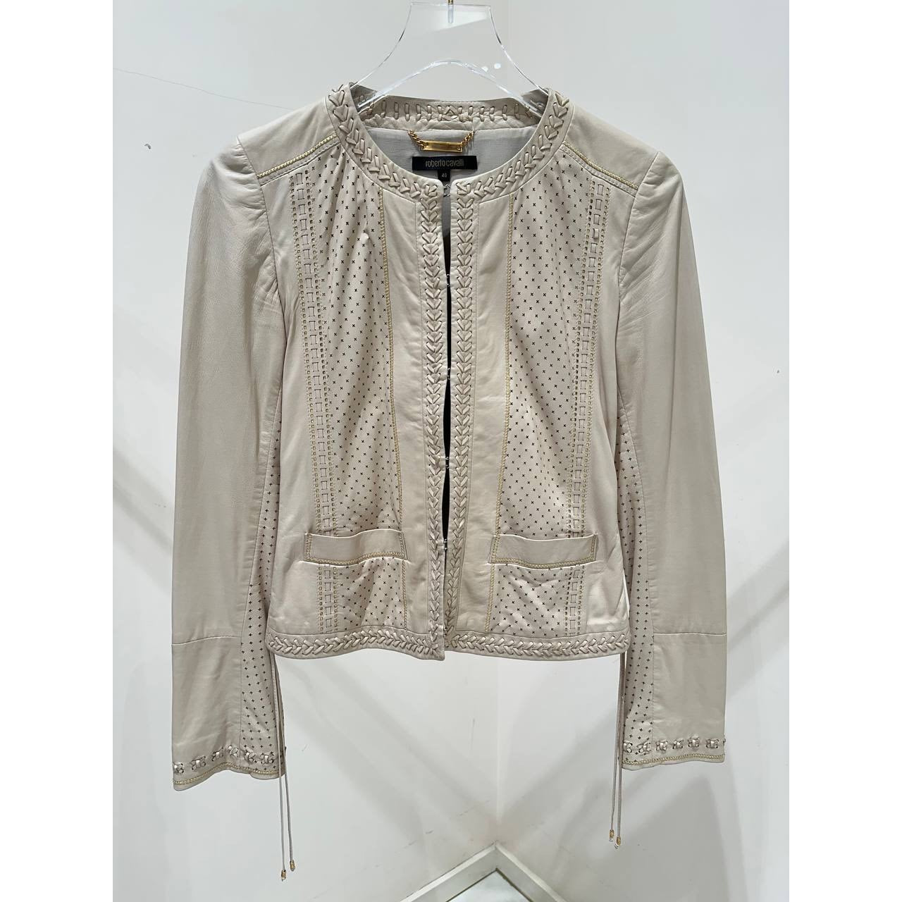 Roberto Cavalli Ivory Leather Cropped Jacket IT 40 Pre-owned
