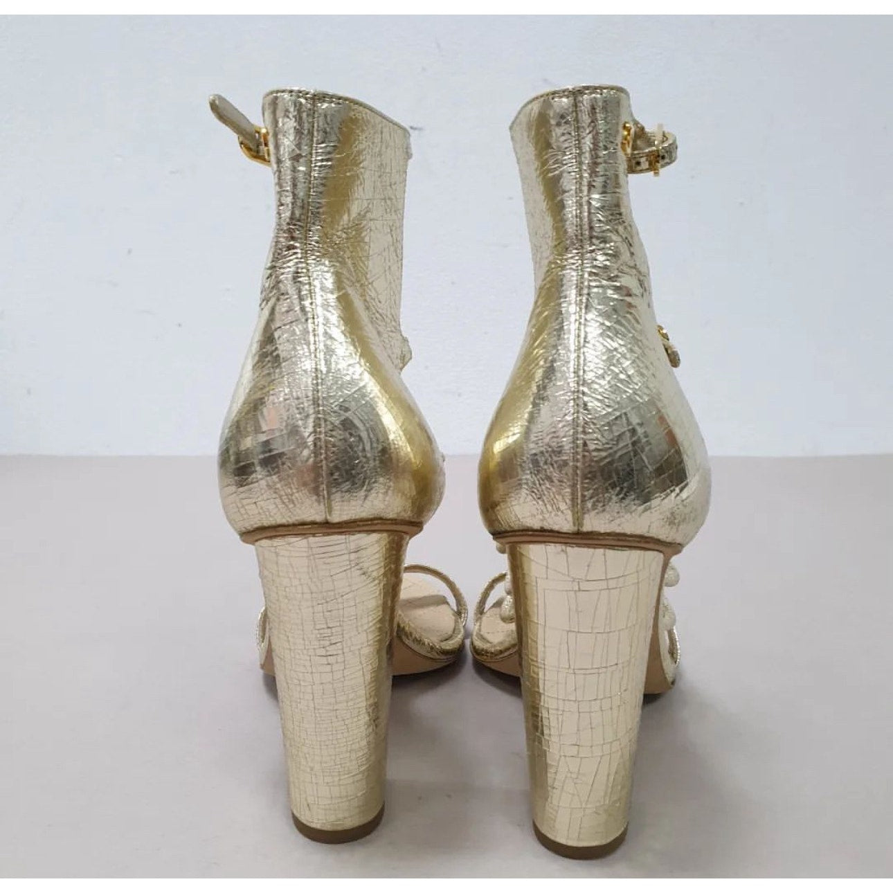 Chanel Gold Leather Camellia Ankle Strap Sandals - Size 40 pre-owned