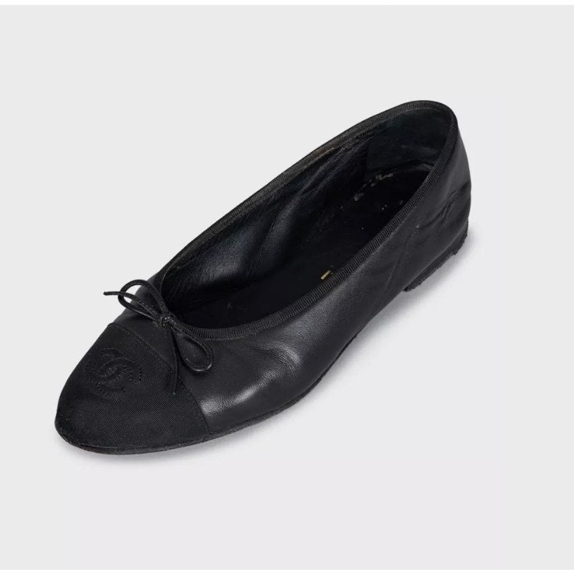 Chanel Black Leather  Textile Toe Ballet Flats Sz.37.5 pre-owned