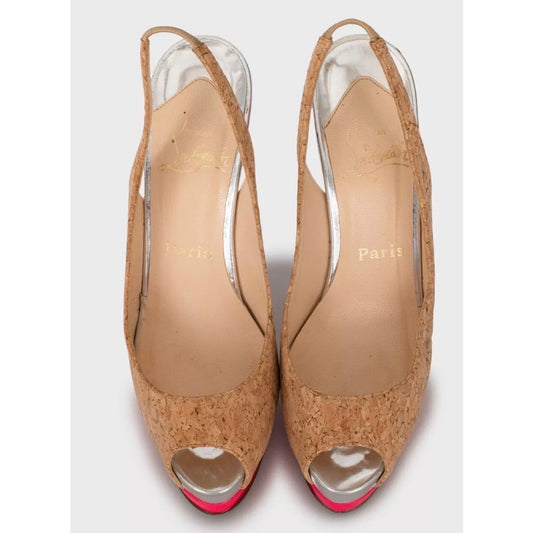 Christian Louboutin Catenita Cork & Leather Heels Brown Size 38.5 Pre-owned