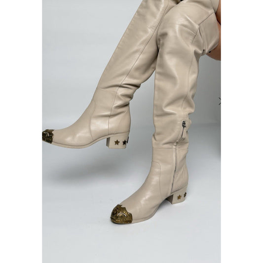 Chanel Beige Leather Paris Dallas Metal Cap Toe Thigh High Boots/Bootie Sz. 40 Pre-owned