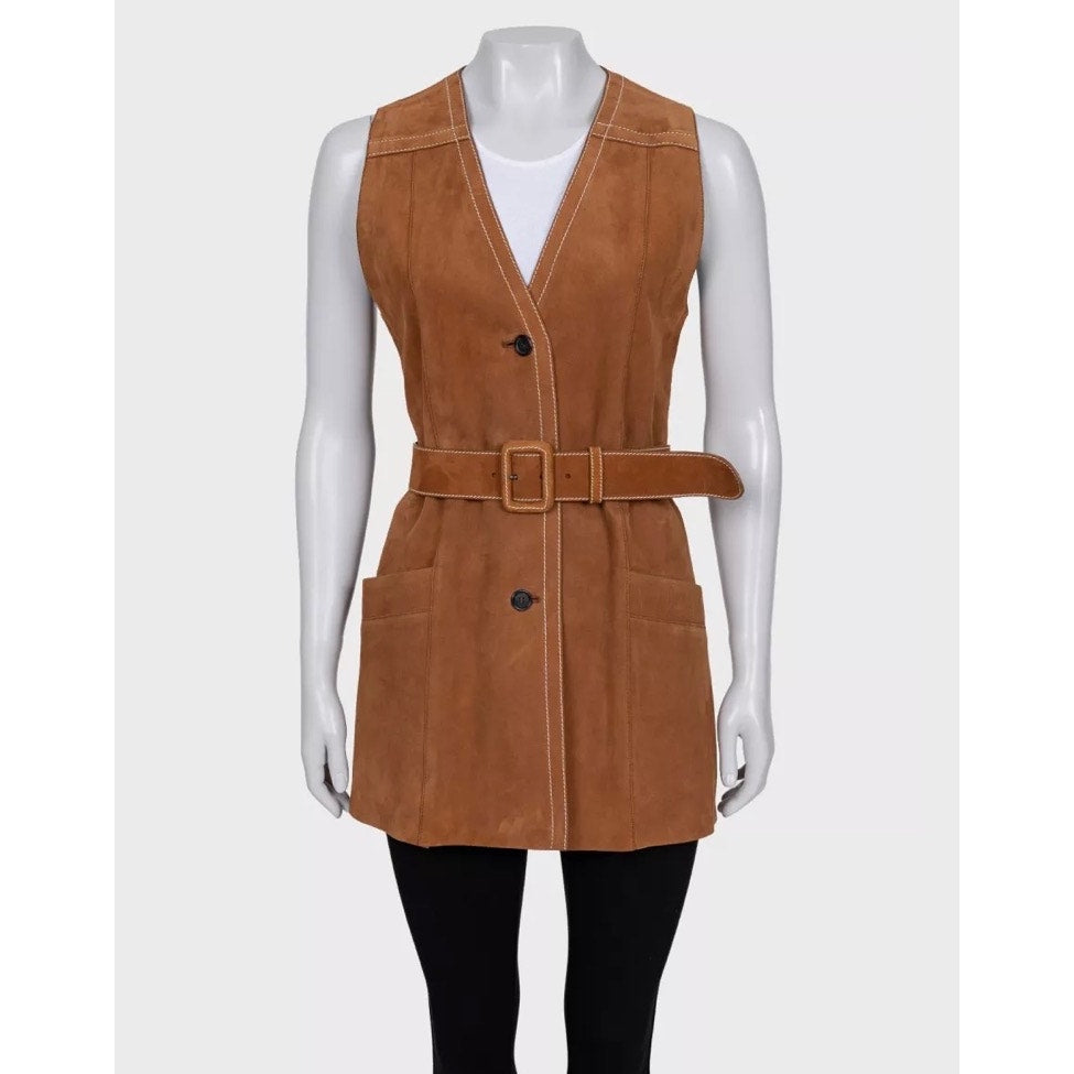 Prada Brown Lambskin Long Vest with Belt - IT40 / S  pre-owned