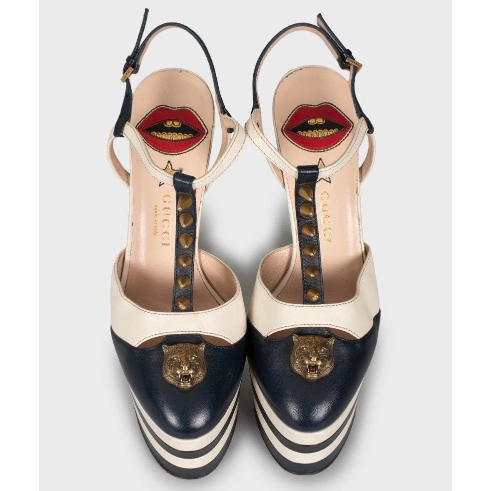 Gucci Blue Leather Block Heels with Gold Studs, Size 36 pre-owned