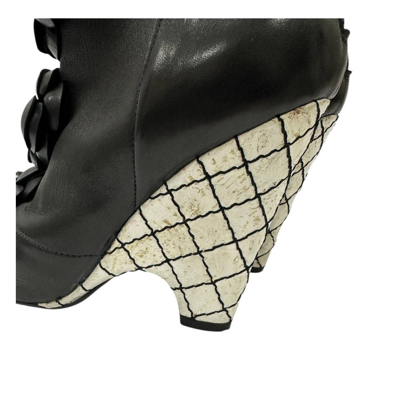 Chanel Open-Toe Leather  Floral Appliqué Sculpted Wedge Heel Booties Sz. 38.5 Pre-owned