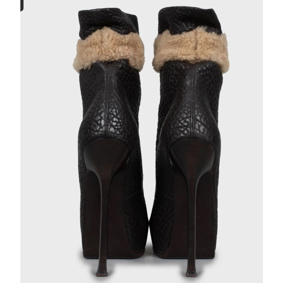 Saint Laurent Brown Leather Fur Trim Ankle Boots - 38.5 pre-owned