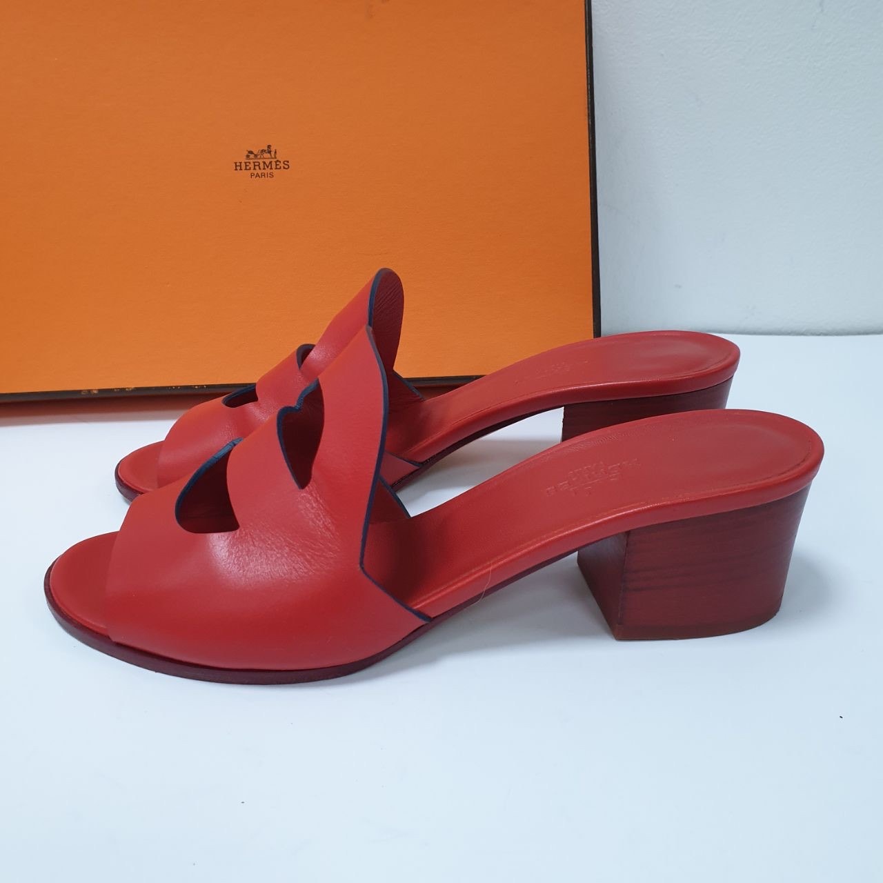 Hermes Red Leather Mona Block Heel Slide Sandals Sz.38 pre-owned