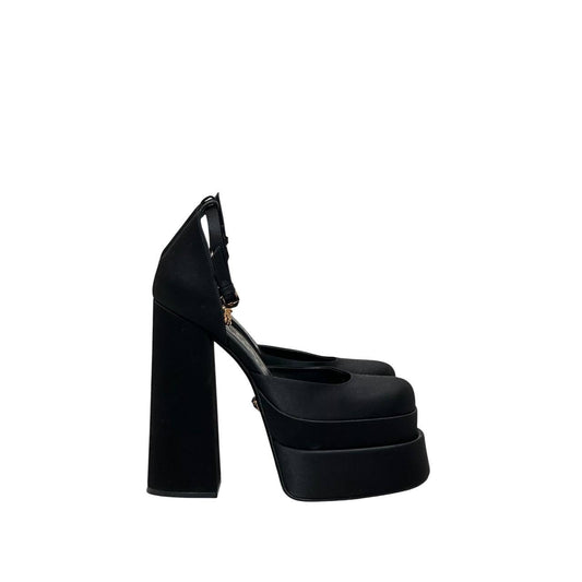 Versace La Medusa Crystal Satin Block Heel Pumps Sz 38 pre-owned