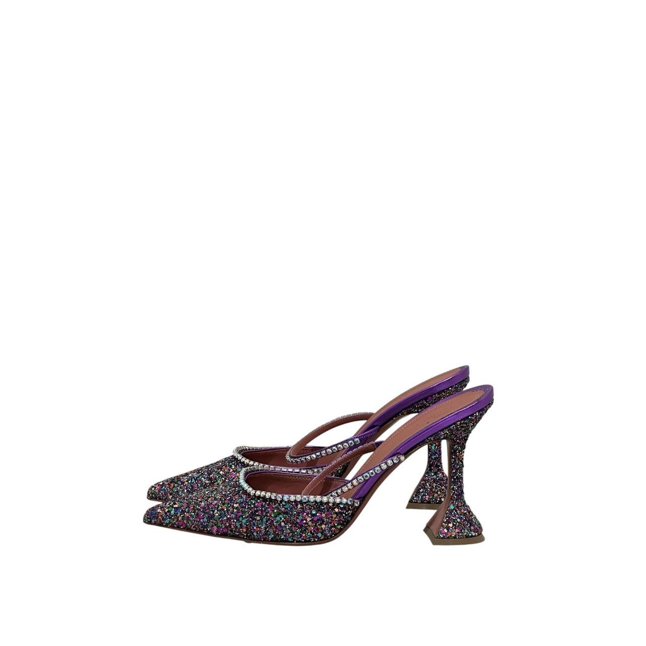 Amina Muaddi Gilda Multicolor Glitter Leather Mules Sz 39.5