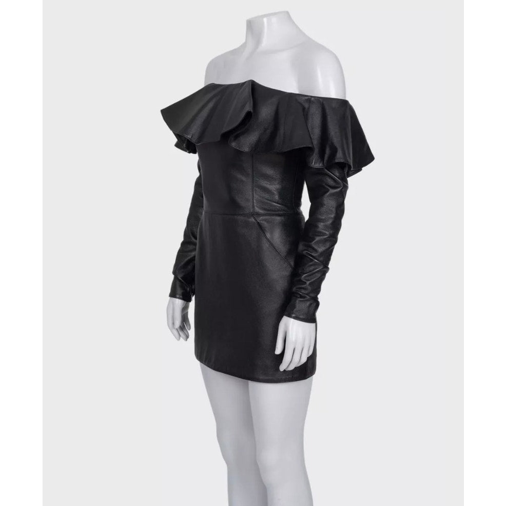 Saint Laurent Black Leather Off-Shoulder Dress Sz.38/M Pre-owned