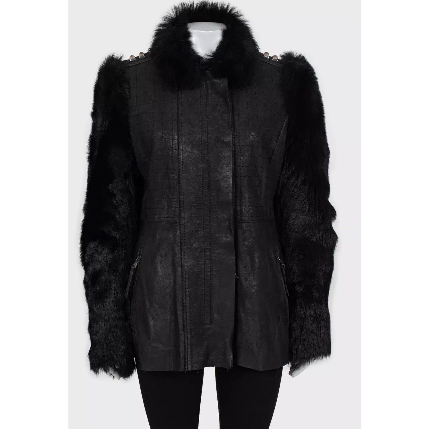 Roberto Cavalli Black Leather Fur Sleeves Jacket Sz.42/M Pre-owned