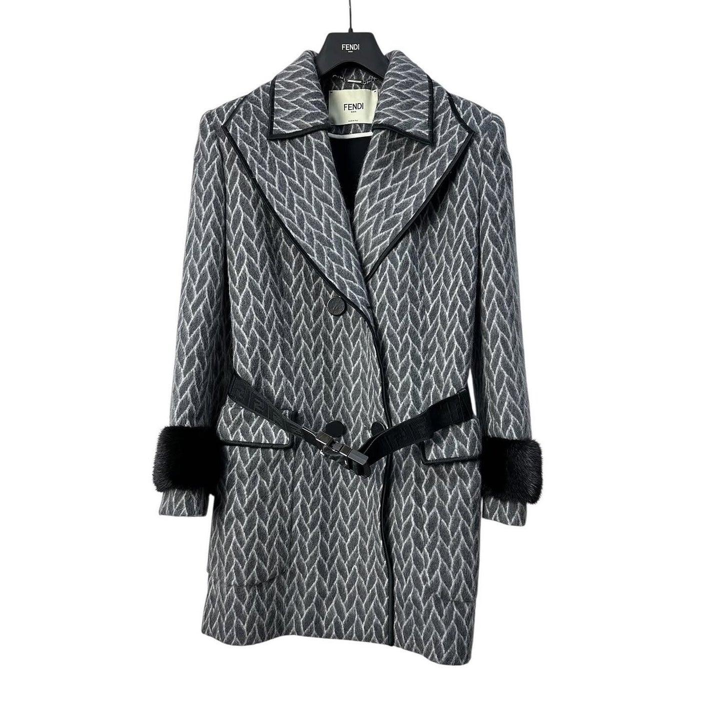 Fendi  Double-Breasted  Mink Sleeves Belted Coat Sz.42 Pre-owned