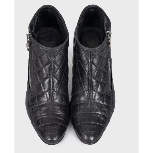 CHANEL Black Quilted Leather Zip Ankle Boots 37.5 Pre-owned