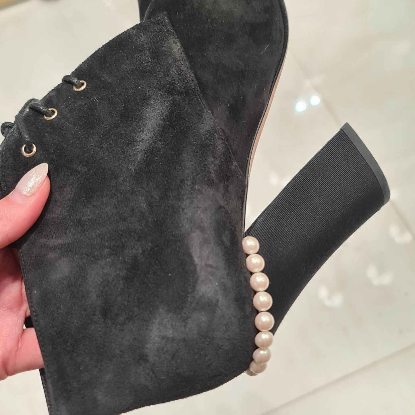 Chanel Black Suede Lace Up Pearls Booties - Size 38.5 Pre-owned