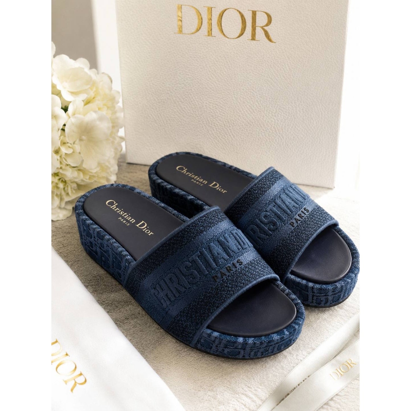 Christian Dior Dway Iconic Denim Logo Platform Slides Sz.38 Pre-owned