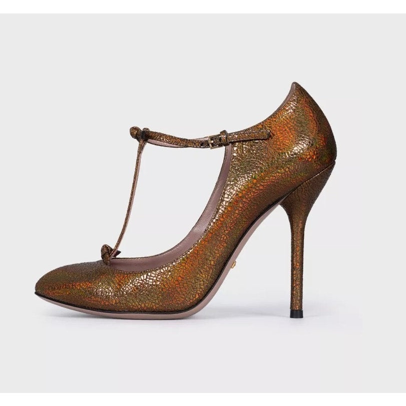 Gucci Brown Leather T-Strap Stiletto Heels Sz.36.5 pre-owned