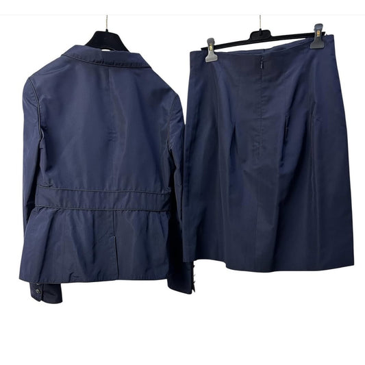 Chanel Vintage 2007 Blue Silk Logo Jacket Skirt Suit Set Sz.44 Pre-owned