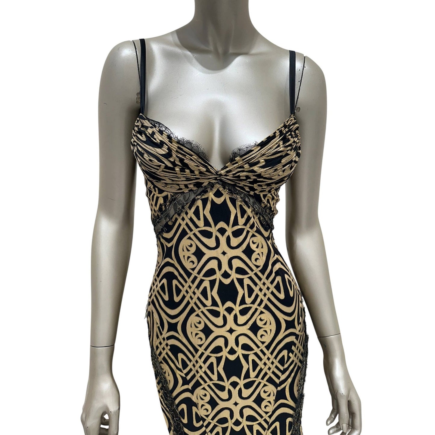 Roberto Cavalli Black & Gold Print Silk Maxi Dress Sz 38 Pre-owned