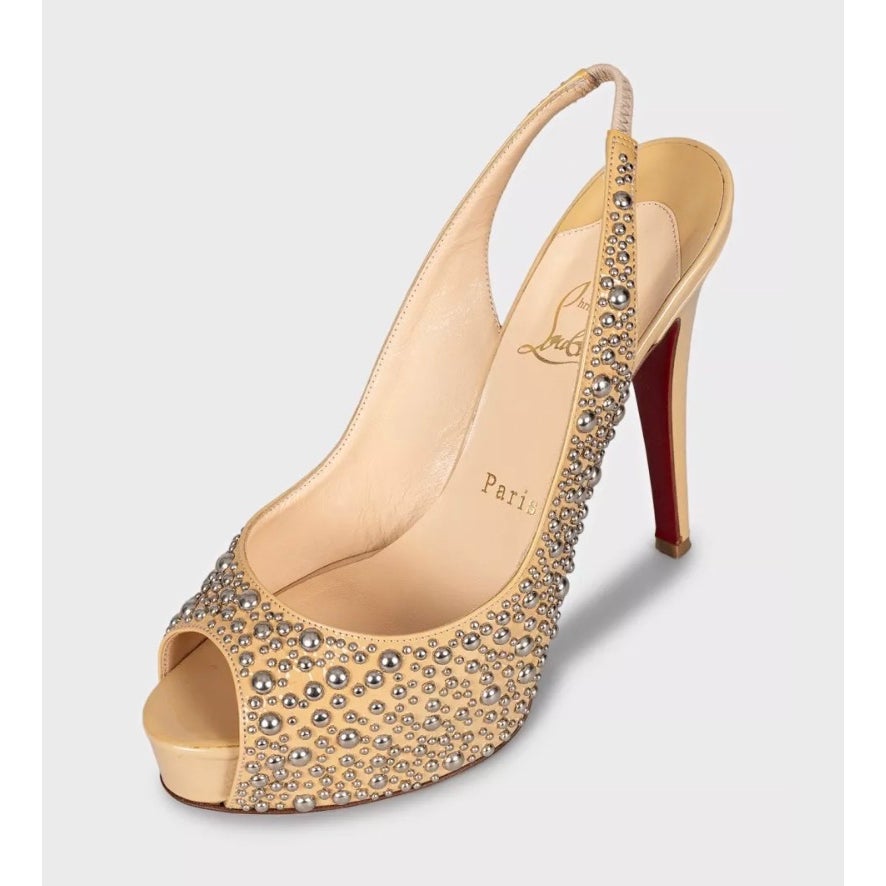 Christian Louboutin Beige Patent Leather Slingback Heels EU 37.5 Pre-owned