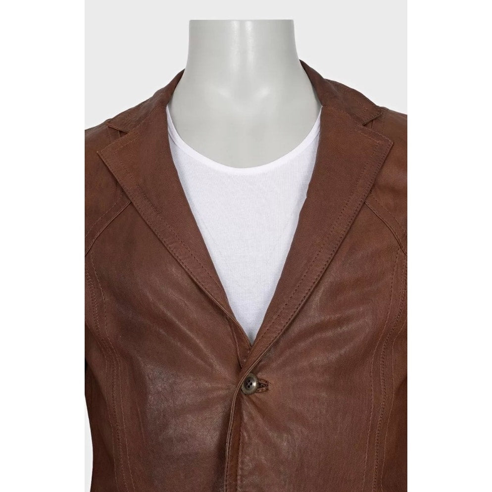 Just Cavalli Men's Brown Leather Button-Down Jacket XL Pre-owned