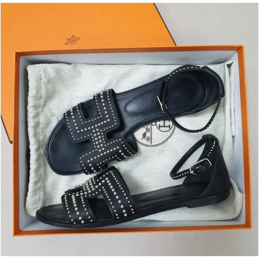 Hermes Black Leather Santorini Ankle Wrap Sandals Size 37 pre-owned