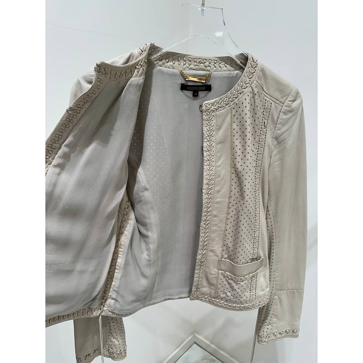 Roberto Cavalli Ivory Leather Cropped Jacket IT 40 Pre-owned