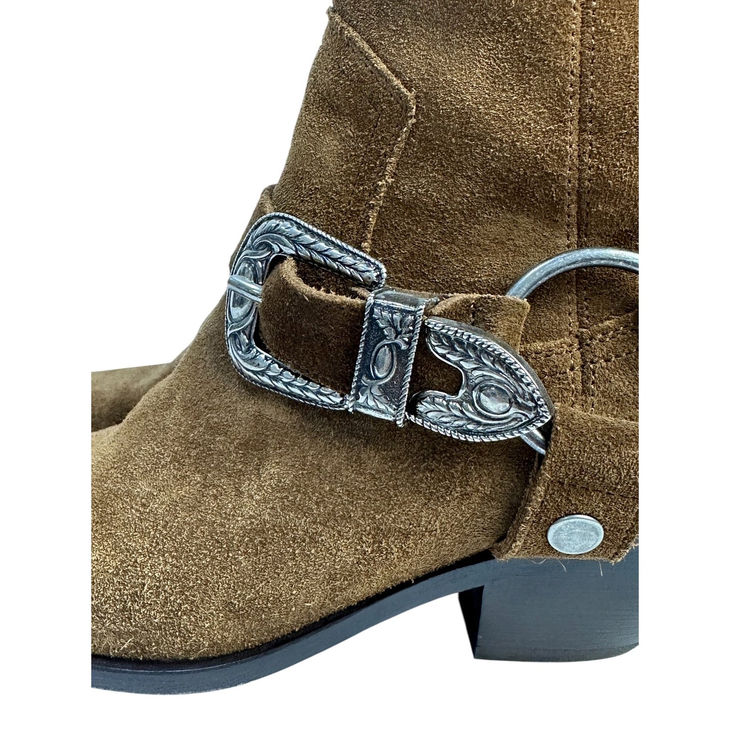 SAINT LAURENT Brown Suede WEST HARNESS Western Ankle Boots Sz.38.5 Pre-owned