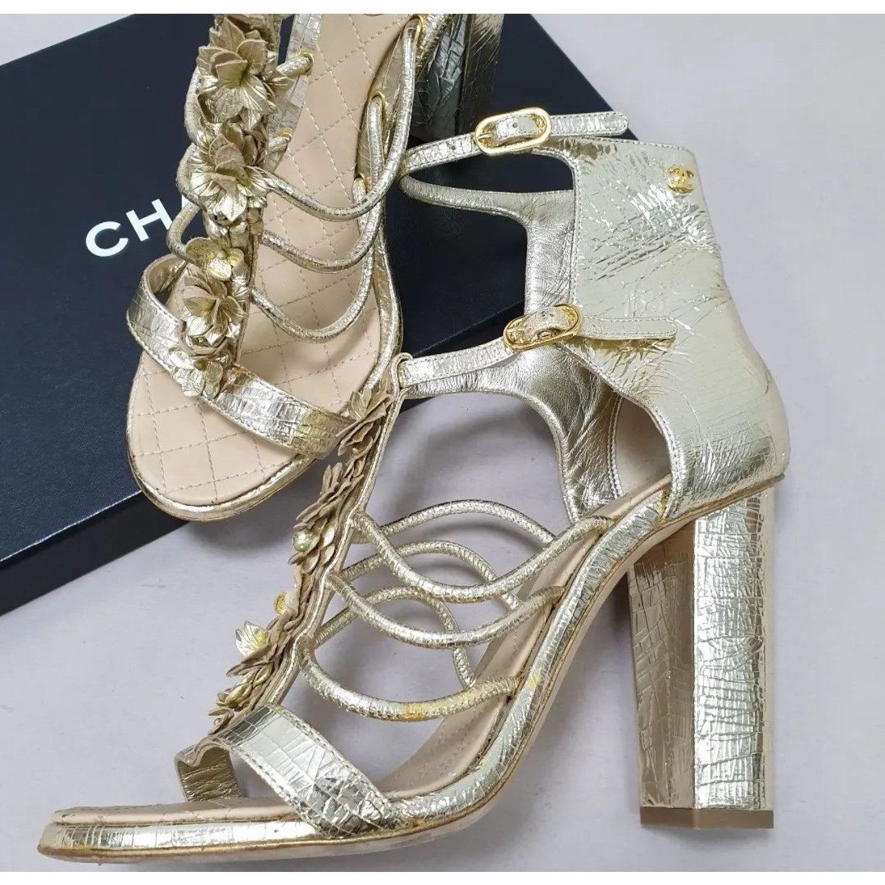 Chanel Gold Leather Camellia Ankle Strap Sandals - Size 40 pre-owned