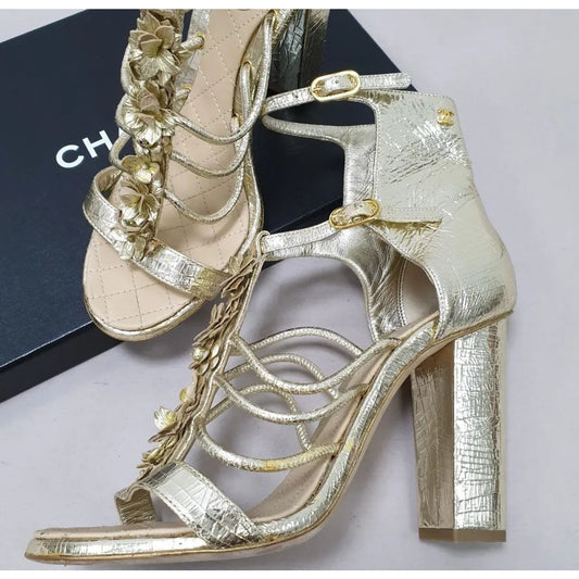 Chanel Gold Leather Camellia Ankle Strap Sandals - Size 40 pre-owned