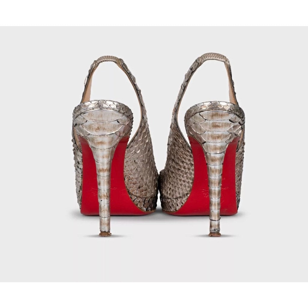 Christian Louboutin Silver Snakeskin Slingback Heels 37 Pre-owned