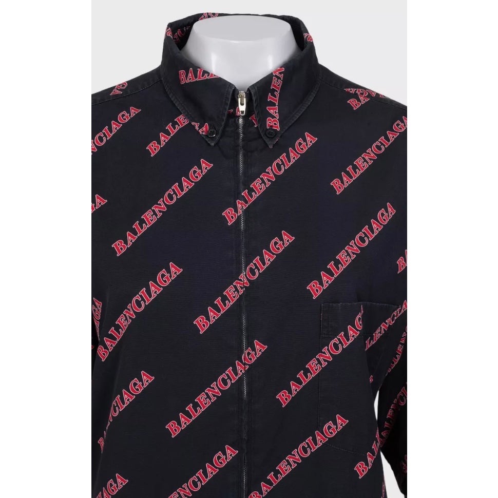 Balenciaga Black Cotton Zip-Up Shirt - Logo Print XXL Pre-owned