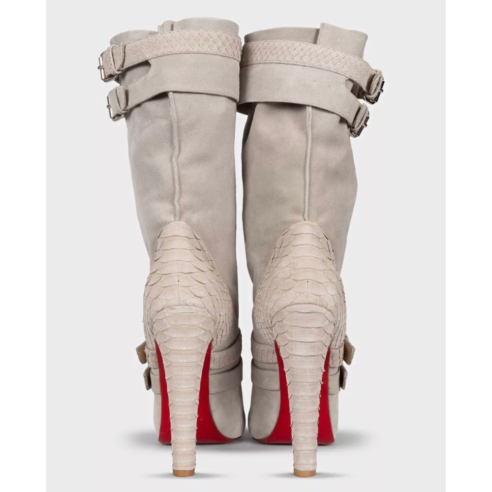 NWOB Christian Louboutin Gray Suede Python Boots Sz 40 Pre-owned