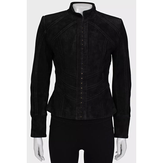 Balmain Black Suede Jacket with Gold Hardware - Size 38 Pre-owned